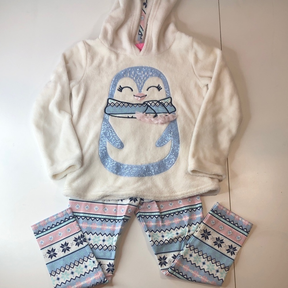 Isaac Mizrahi Cream Blue Sequin Penguin Fuzzy Hoodie with Patterned Leggings 5/6